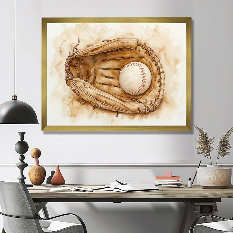 Baseball Glove Close II - Sport Baseball Wall Art, H 12 po x l 20 po, Reproduction encadrée d'une seule photo sans pass, Doré