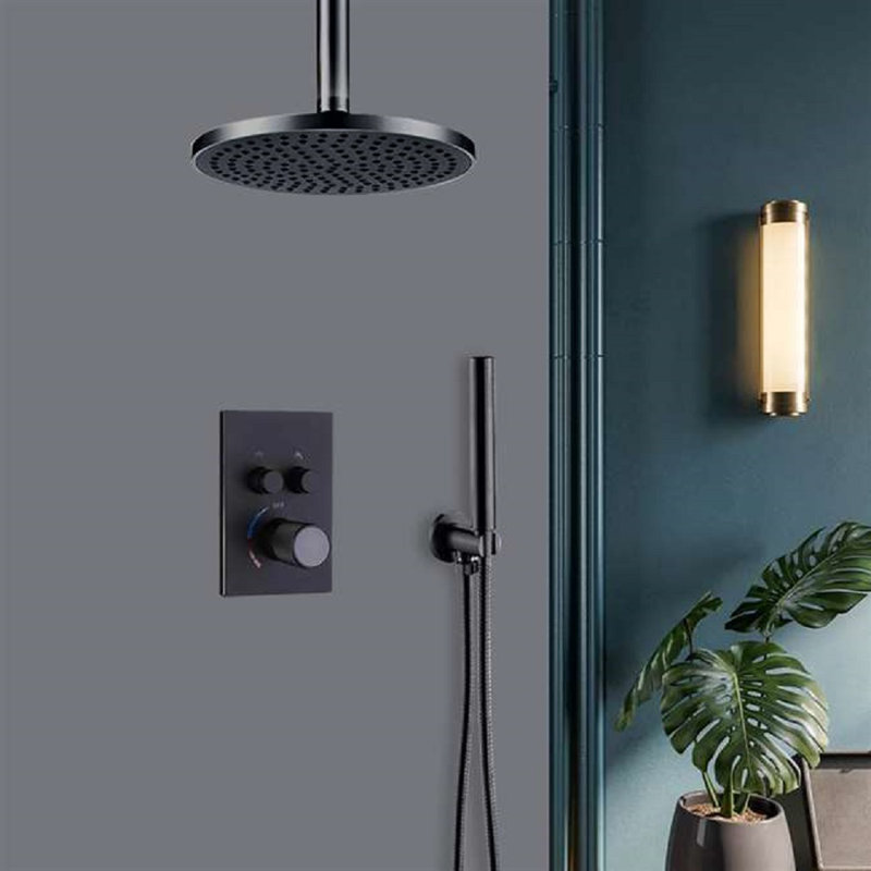 BathSelect Avola Matte Black Ceiling Mount Round Shower Head With 2 Way Concealed Thermostatic Mixer and Round Handheld Shower