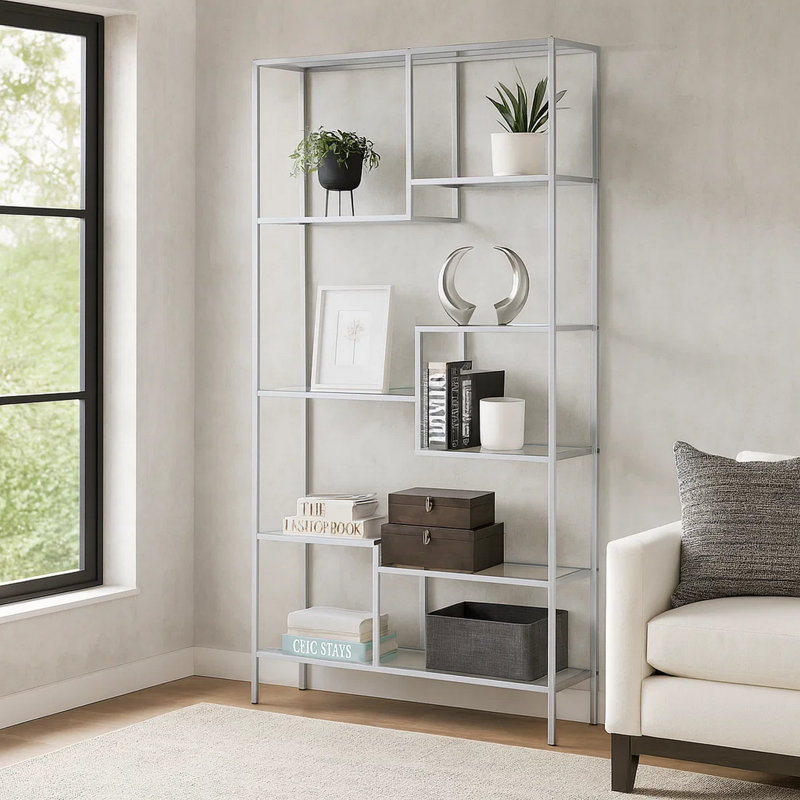 Étagère décorative Ziu, tablettes asymétriques en verre, métal argenté