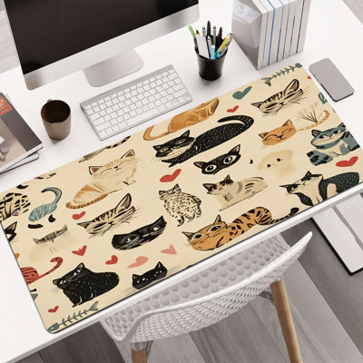  Rubber Mouse Pad, Smooth Microfiber Surface, Non-Slip Base, Rounded Edge Decorative Mouse Mat for Office & Gaming,17×47 Inch ,Beige Cats Pattern
