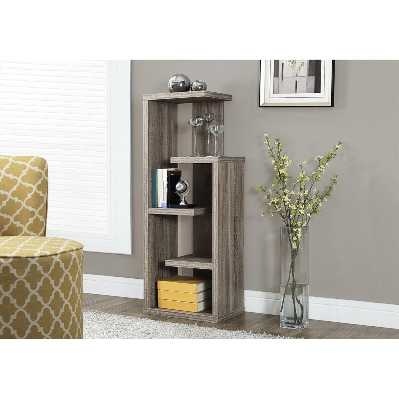 Bibliothèque à 4 niveaux en stratifié brun, hauteur 48 po, moderne pour chambre de bureau, bibliothèque polyvalente, hauteur, bureau idéal pour la chambre à coucher, fixe