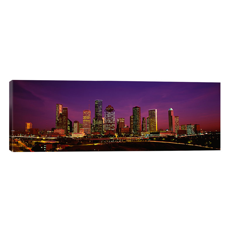 Buildings Lit Up At Night, Houston, Texas, Usa by Panoramic Images - Wrapped Canvas Panoramic Painting