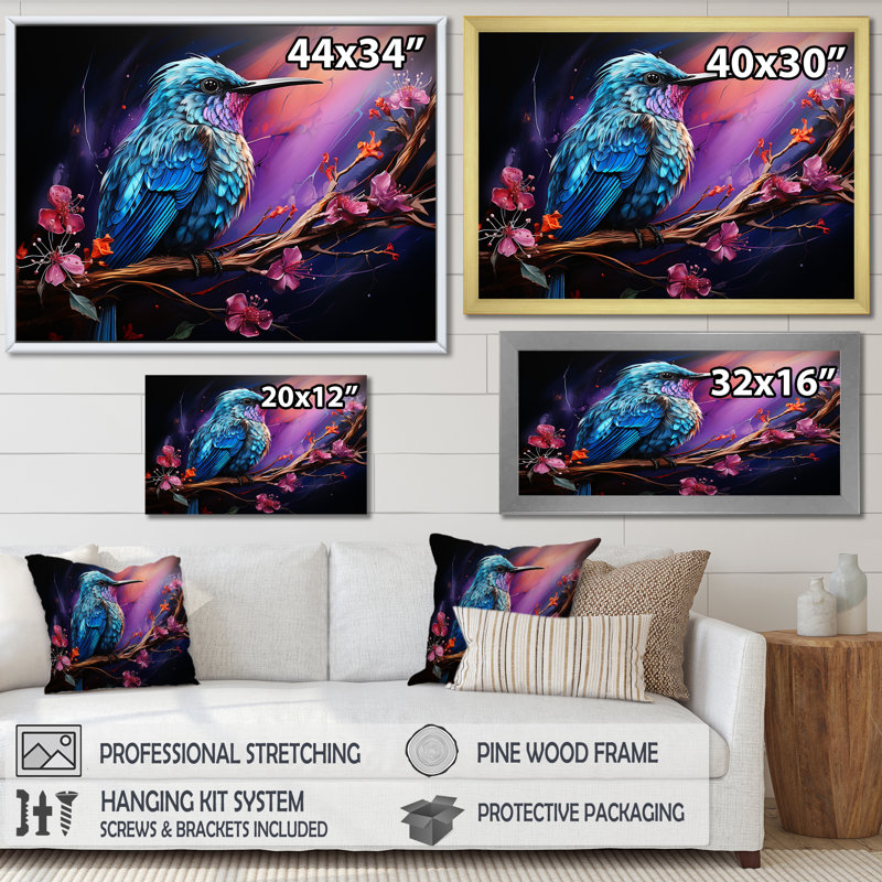 Colibri bleu floral Twilight Wonder - Art mural colibri, Cadre flottant noir, H 12 po x l 20 po x P 1 po