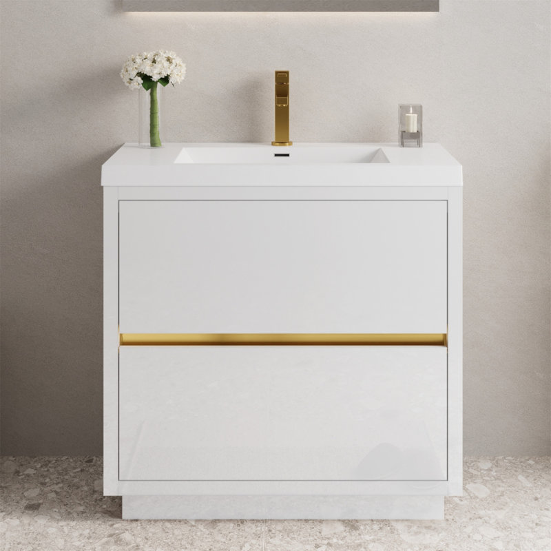 Meuble-lavabo autoportant de 36 pouces avec lavabo, comptoir en résine de pierre et tiroirs à fermeture en douceur pour un rangement élégant