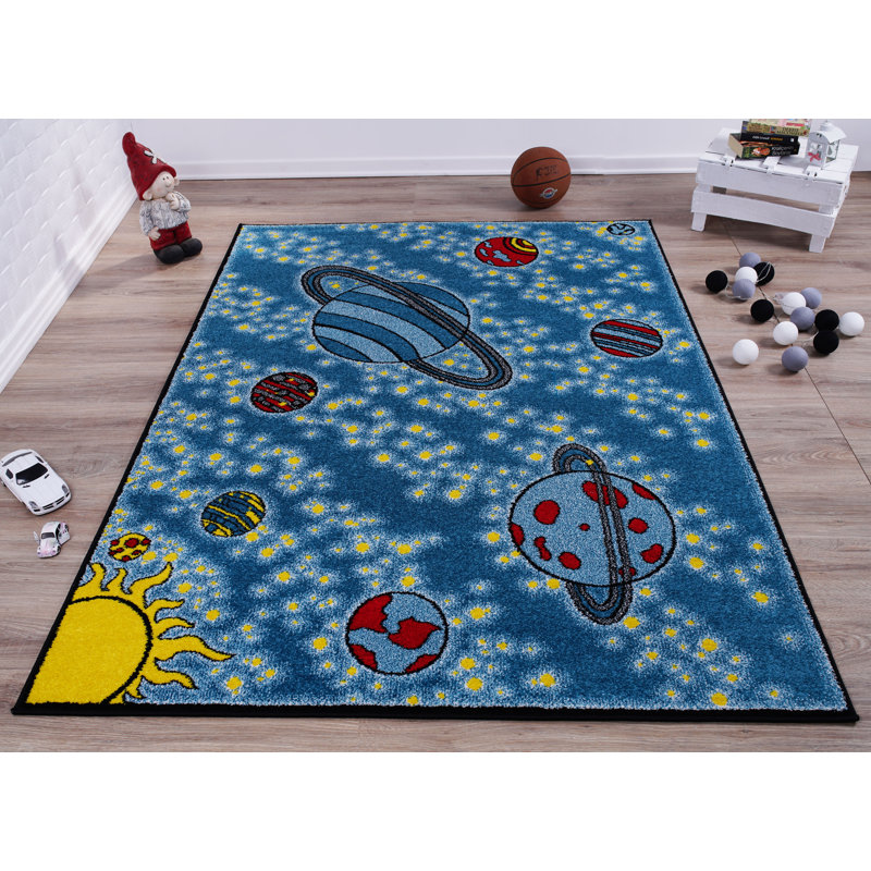 Tapis géométrique bleu Kindig, Rectangle 6 pi 2 po x 9 pi 2 po