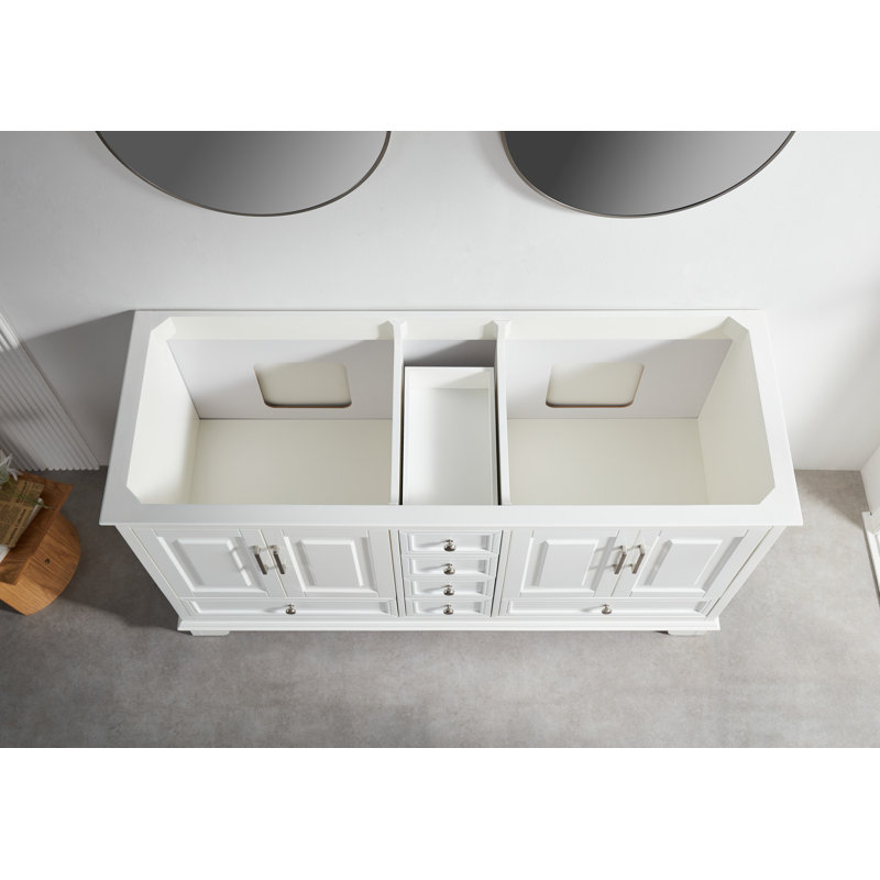 Meuble-lavabo double blanc en bois massif l 60 po x P 22 po avec tiroirs à fermeture en douceur et comptoir en marbre
