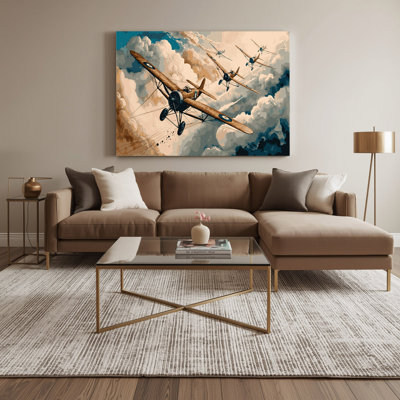"Transport Biplane", art mural sur toile beige