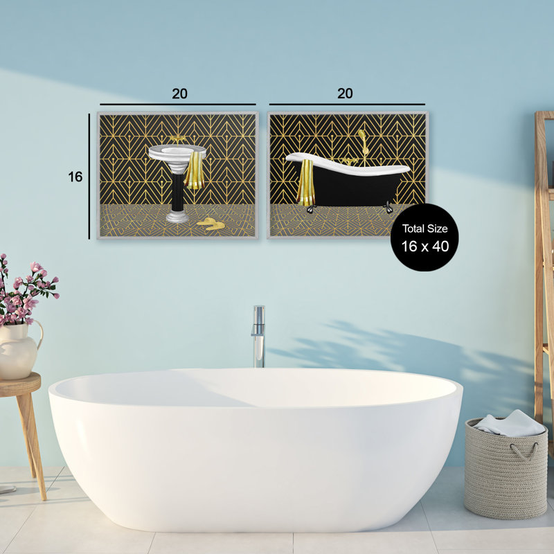 Geometric Patterned Bathroom Views 2pc Framed Giclee Set, design by Conrad Knutsen, 16" H x 20" W