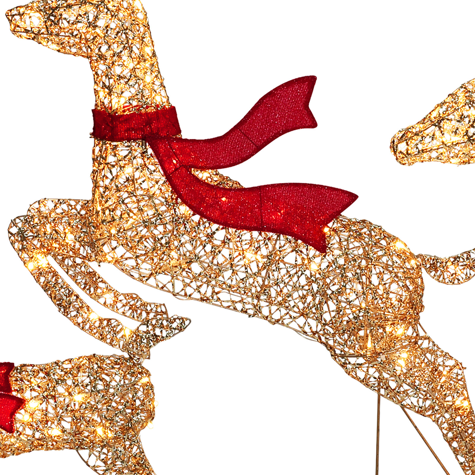 Lighted Rattan Running Reindeer Set, 54.33in H x 37.6in W x 10.43in D, Gold/Red