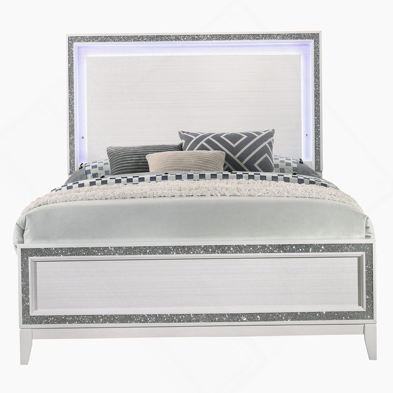 White Queen Bed with LED Lighting Headboard