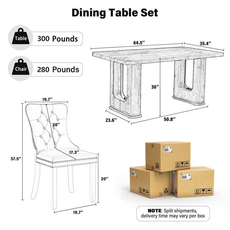 Ensemble de salle à manger rectangulaire en bois avec chaise capitonnée, 5, Noir