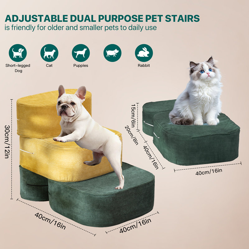 Escaliers mous pour lit pour chien, marchepied pour chien antidérapant à 2 marches avec housse lavable amovible, rampe de chevet sécuritaire pour petits animaux de compagnie - jaune