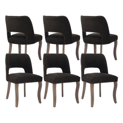  Ensemble de 6 chaises de salle à manger modernes en tissu noir, chaises de salle à manger rembourrées avec pieds en bois massif, garniture cloutée et dossier ouvert, chaises de cuisine de ferme pour salle à manger, noir