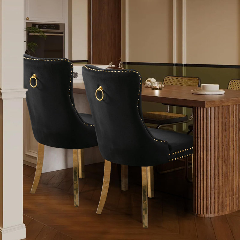 Belmont Button-Tufted Velvet Dining Chair – Premium Fabric & Solid Oak Frame, 2, Black, Gold