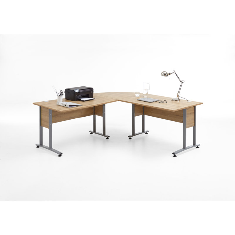 Woolery L-Shaped Metal Base Writing Desk, Old oak, 75cm H x 240cm W x 240cm D