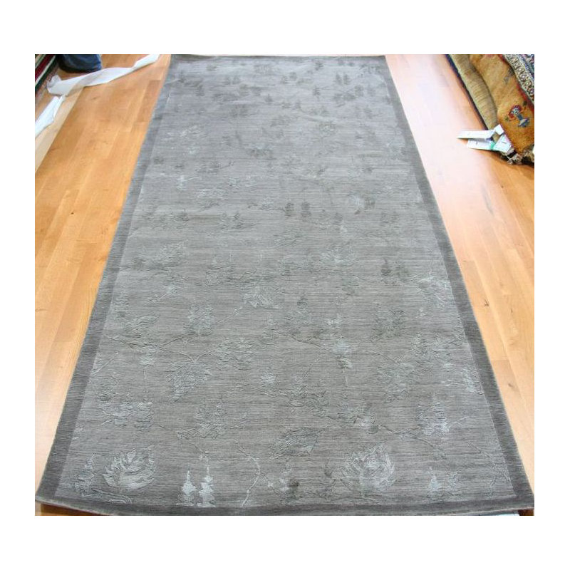 Tapis gris noué à la main de conception unique 4 pi 2 po x 9 pi 4 po