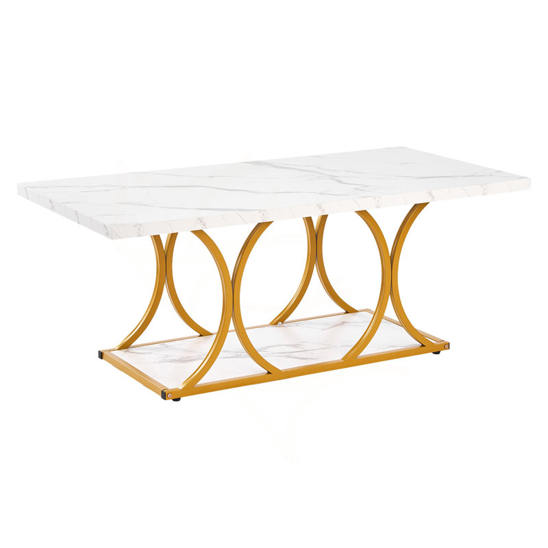 Table basse, table basse moderne en faux marbre, grand bureau central rectangulaire à 2 niveaux avec pieds géométriques, bureau d'appoint minimaliste robuste en métal pour salon, bureau, assemblage facile, blanc