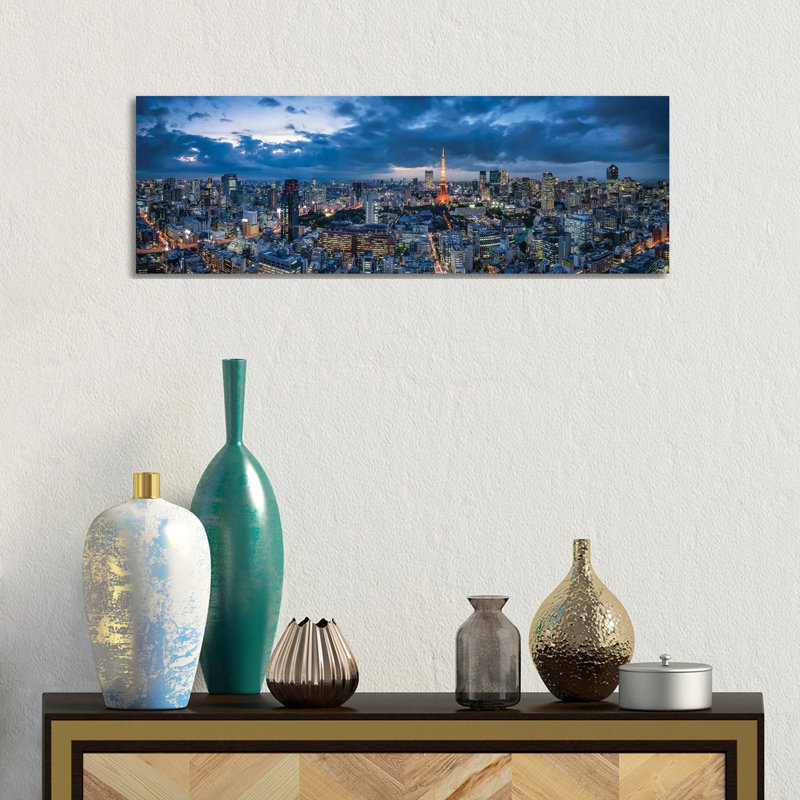 Tokyo Skyline Panorama At Dusk With View Of Tokyo Tower by Jan Becke - Wrapped Canvas Panoramic Print