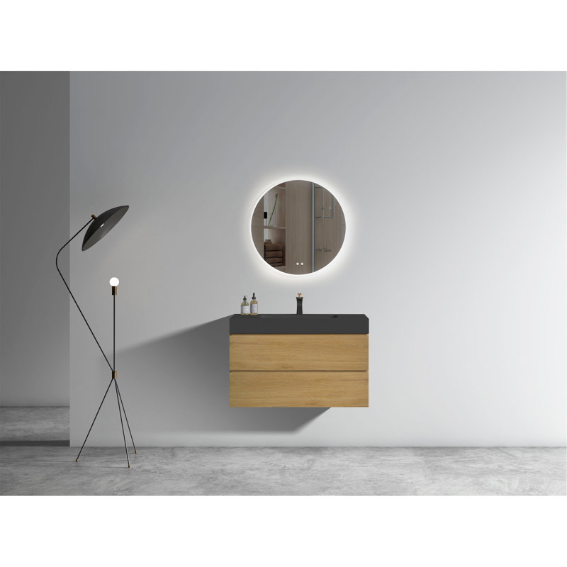 Meuble-lavabo élégant avec tiroirs doubles et conception sans poignée, offrant beaucoup de rangement et un look moderne.