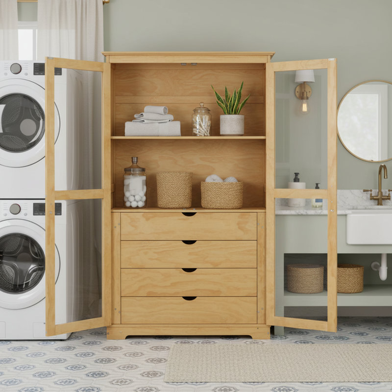 Armoire de rangement de garage autoportante 44,7 po avec portes en verre, 4 tiroirs intégrés et tablettes profondes de 20 po - Organisateur utilitaire en bois de pin massif
