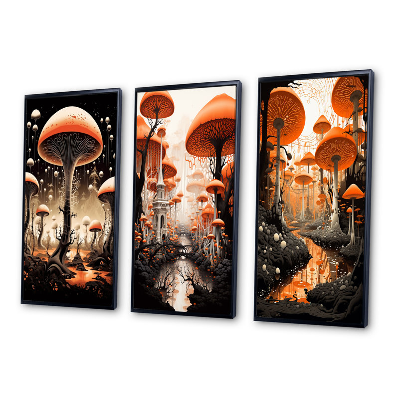 «Magical Red Mushroom Retro Illustration», 3 pièces sur toile, Cadre flottant noir, H 20 po x l 36 po