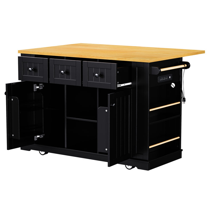 Black Kitchen Island With Drop Leaf And Shelves, 53Inch Countertop, 3 Ac Outlets, For Home Rolling Door Storage, Height-Adjustable Dormitory Use