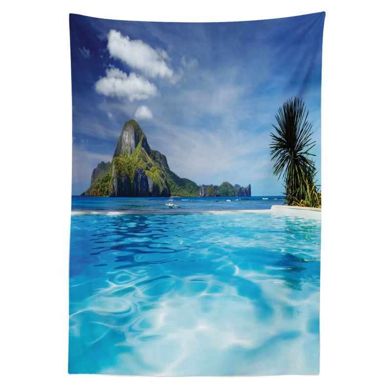 Ambesonne Landscape Tablecloth, Landscape With Swimming Pool And Distant Island Tropic Exotic Hawaiian Theme, Rectangular Table Cover For Dining Room Kitchen Decor, 52" X 70", Turquoise Green