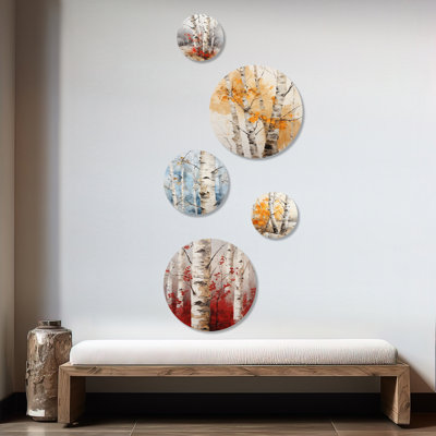 White And Red Birch Wood In Winter  Tree Birch Tree Birch Round Wall Art Set Of 5
