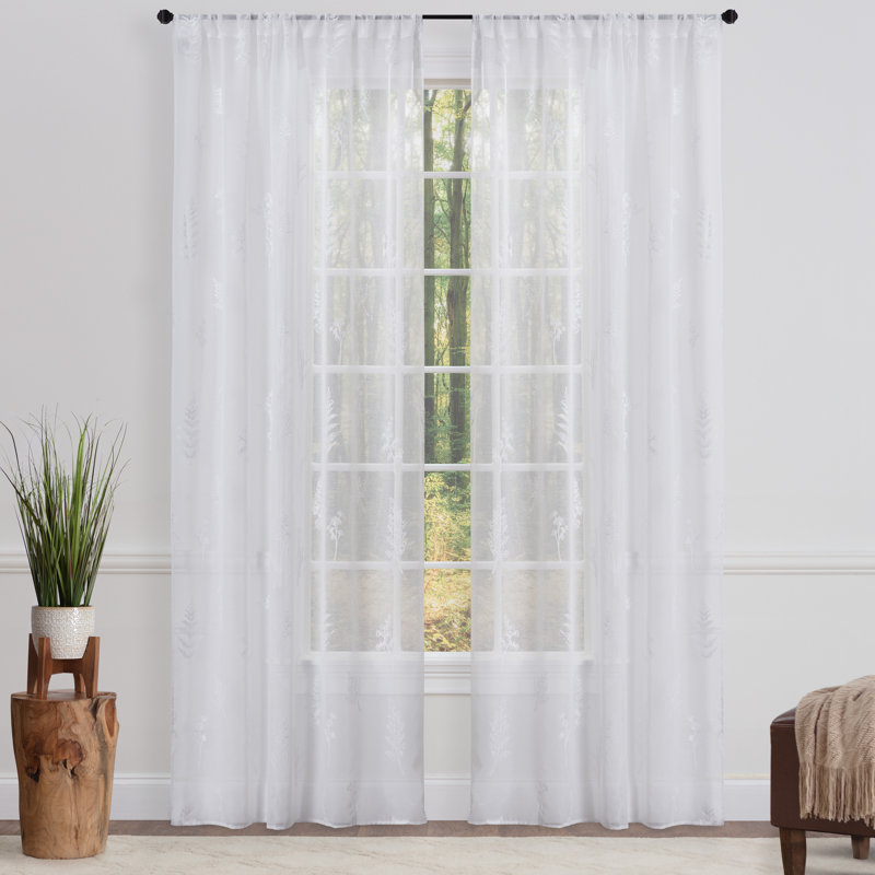 Mccahill Floral Sheer Rod Pocket Single Curtain Panel, 52" W x 108" L, White