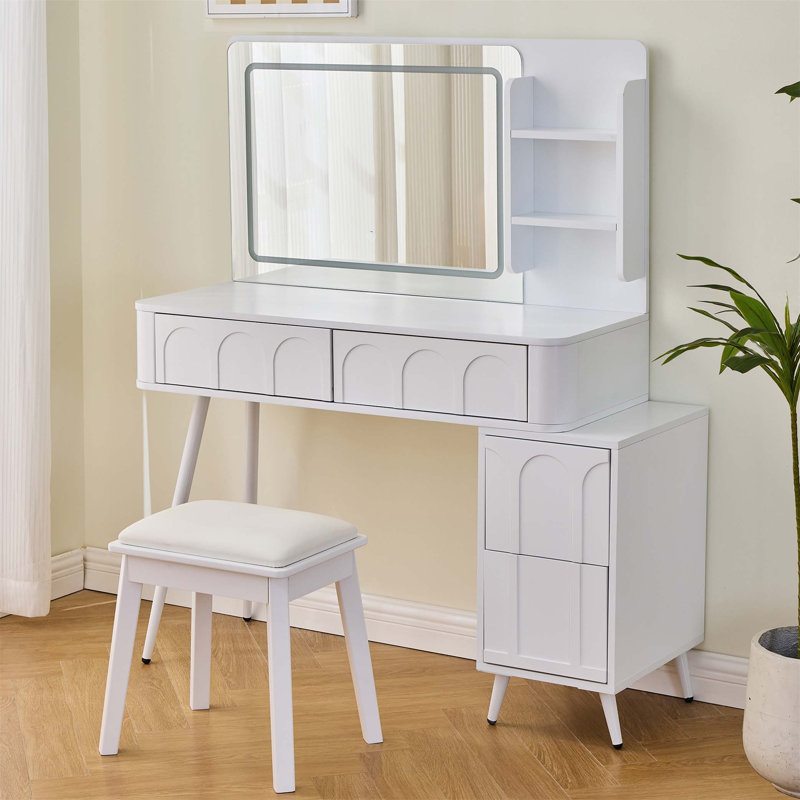 Modern Makeup Vanity Desk With LED Lights & Mirror, 4 Drawer Dressing Table Set With Stool, 3 Colors Dimmable Brightness, Space-Saving For Bedroom