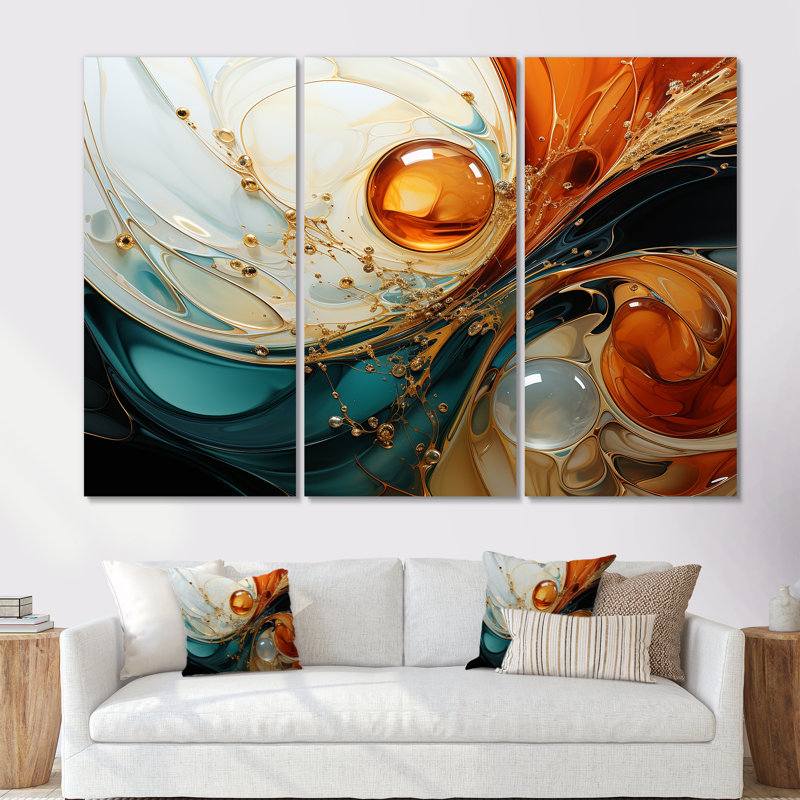 Planète vagues orange et or III - art mural abstrait, H 28 po x l 36 po x P 1 po, Toile tendue