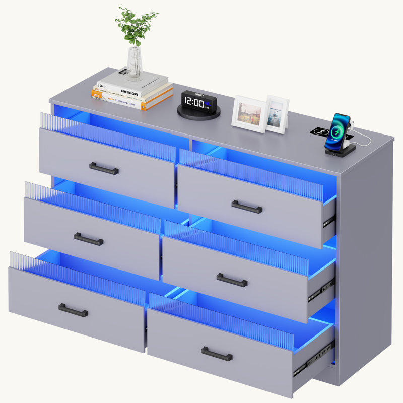 Commode 6 tiroirs avec lumière DEL et port USB, Gris