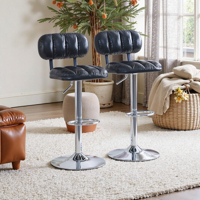 Ensemble de 2 tabourets de bar à hauteur ajustable avec revêtement en cuir PU et base chromée, Noir, argent