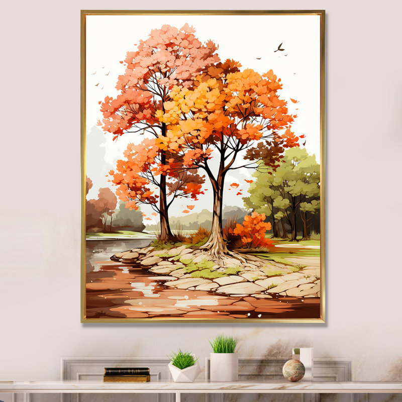 " Two Orange Trees In Autum Watervolor ", 44" H x 34" W x 1.5" D, Gold Floater Framed