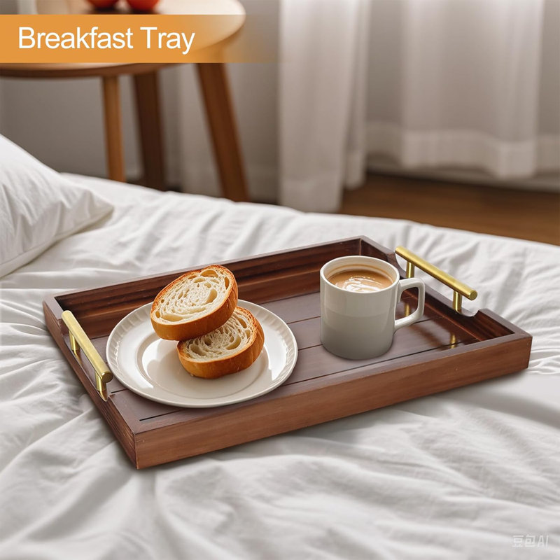 Large Wooden Serving Tray With Handles For Coffee Table And Ottoman - Rustic Farmhouse Style Wood Tray With 4 Round Coasters - Lightweight And Sturdy For Living Room Decor