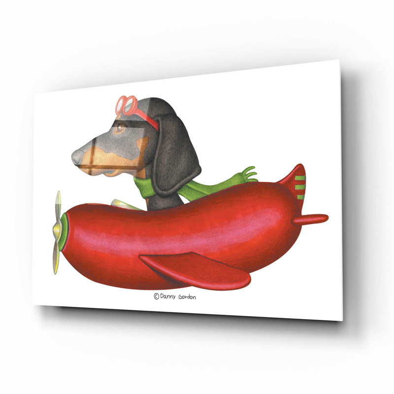 Teckel noir dans un avion rouge sur impression plastique / acrylique, H 12 po x l 16 po x P 0,13 po