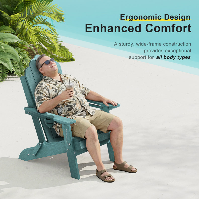 Classic Folding Adirondack Chair, HDPE Adirondack Chair with Ergonomic Design & Cup Holder for Patio and Fire Pit, Lake Blue