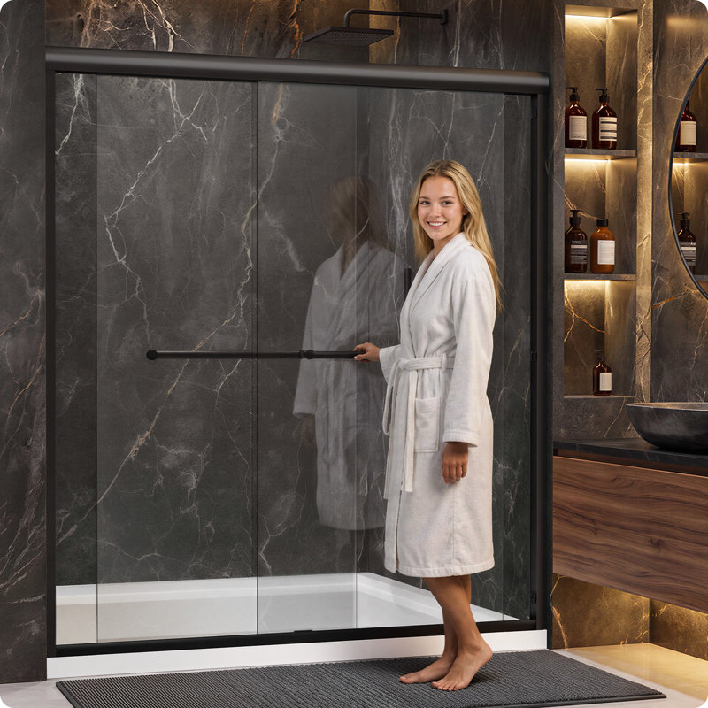 62" - 66" W X 72" H Double Sliding Framed Shower Door With Shower Glass And Two Towel Bar,Premium 1/4" (6mm) Thick Tempered Glass,Black