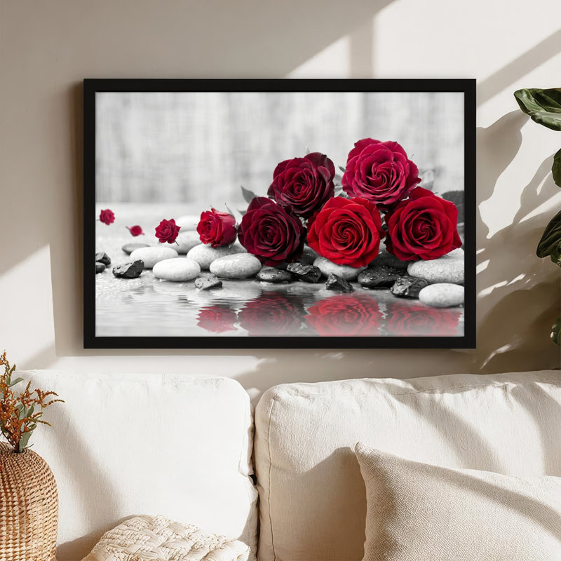 Toile noire encadrée en bois noir pour salon, chambre à coucher, bureau ou vestibule - décoration murale décorative avec roses rouges