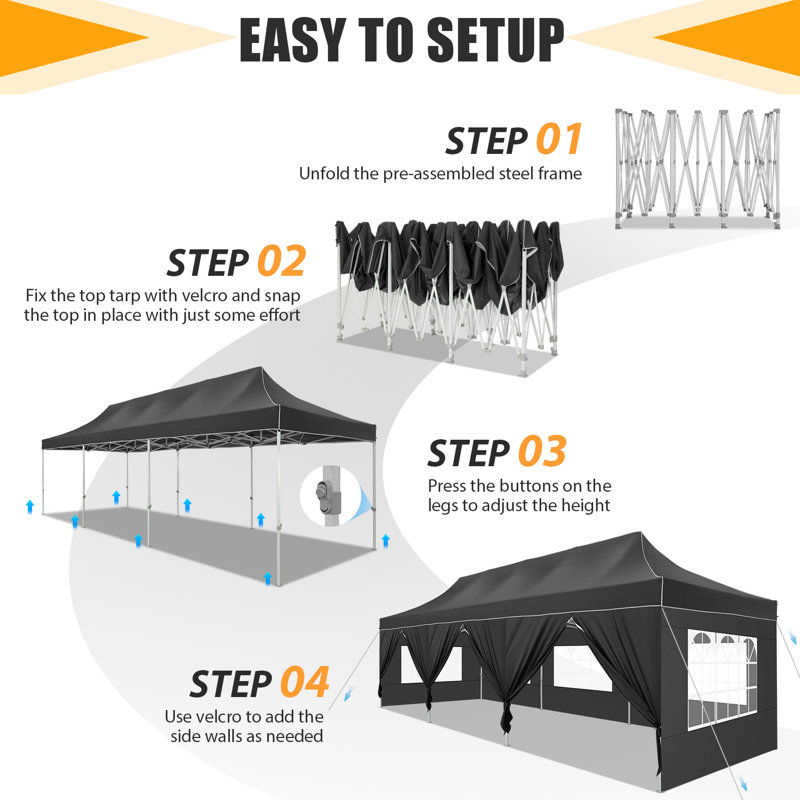 10×30 FT Pop Up Heavy Duty Party Tent with Walls Canopy Commercial Tent with Metal Frame, Black