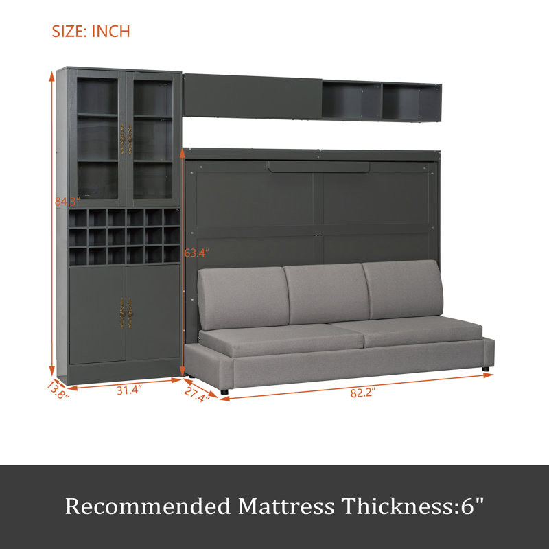 Murphy Bed Wall Bed With Sofa , Shelves USB & Light, Full, Gray