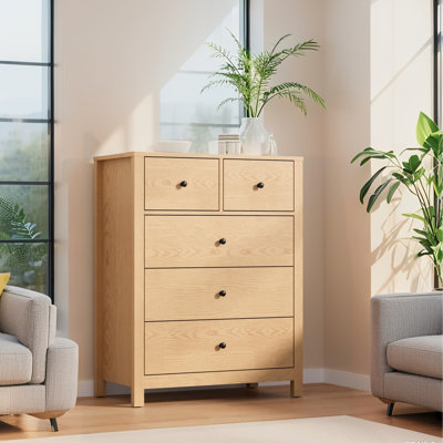 5 Drawer Tall Dresser for Bedroom, Wood Grain Chest, Deep Storage with Metal Knobs, Modern Closet & Entryway Storage Cabinet by Ebern Designs