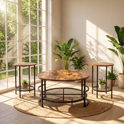 VEVOR 34.45" W x 34.45" D x 3.35" H Industrial Wood and Metal 3-Piece Coffee Table Set