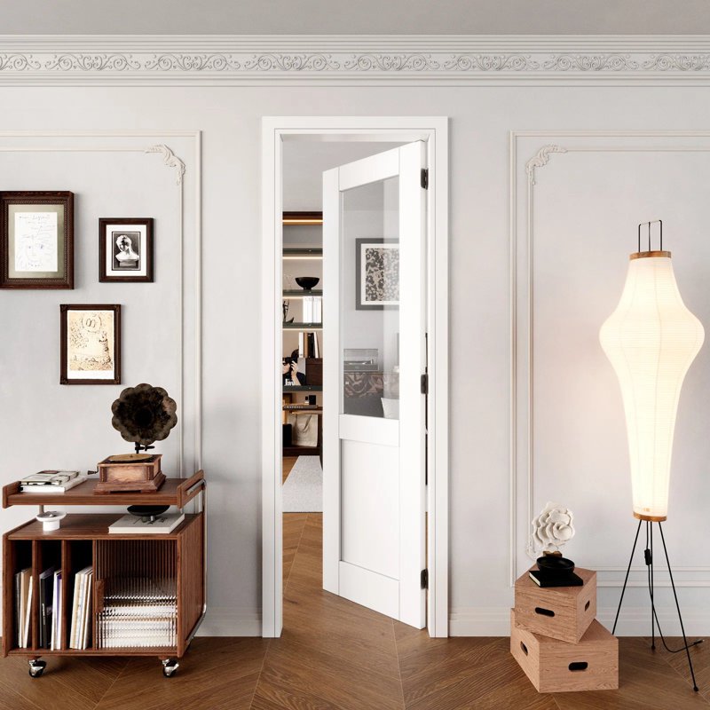Porte intérieure semi-vitrée en verre clair, à âme pleine et panneau unique apprêté avec verre trempé clair certifié SGCC, finition satinée préfinie et facile à poser soi-même, sans quincaillerie, pour garde-manger, chambre, salle de bain et placard, compatible avec les portes pré-montées, les portes-fenêtres et les portes coulissantes, 45,7 cm x 203,2 cm