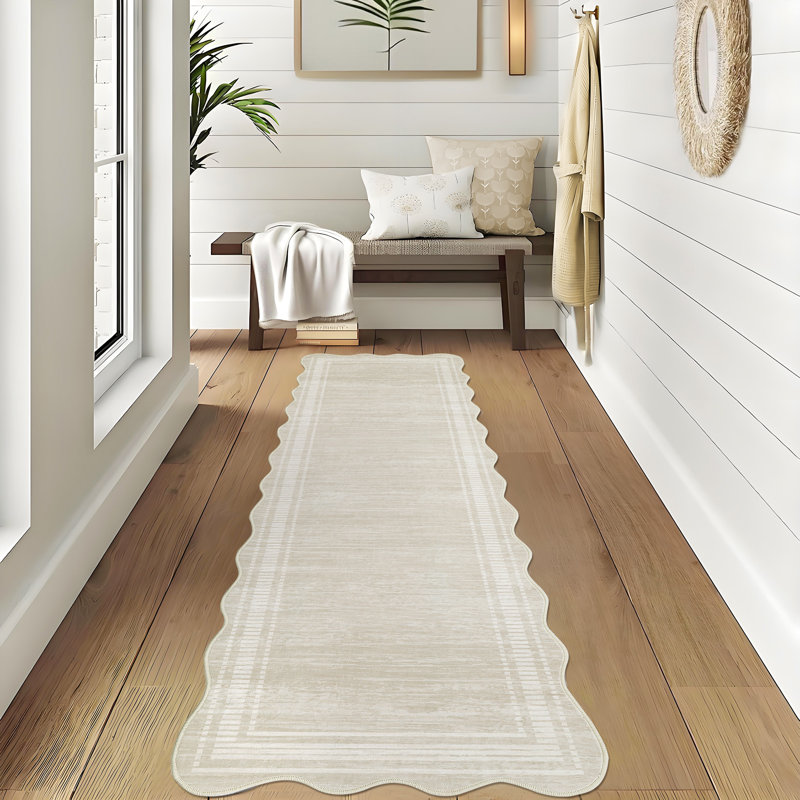 2 x 6 ft Polyester Beige Rectangular Machine Washable Geometric Bordered Laundry Bathroom Kitchen Machine Washable Runner Rug