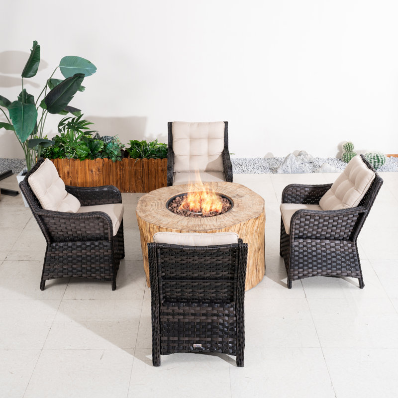 4 - Person Outdoor Patio Dining Set With Fireplace Table , Cushions Included