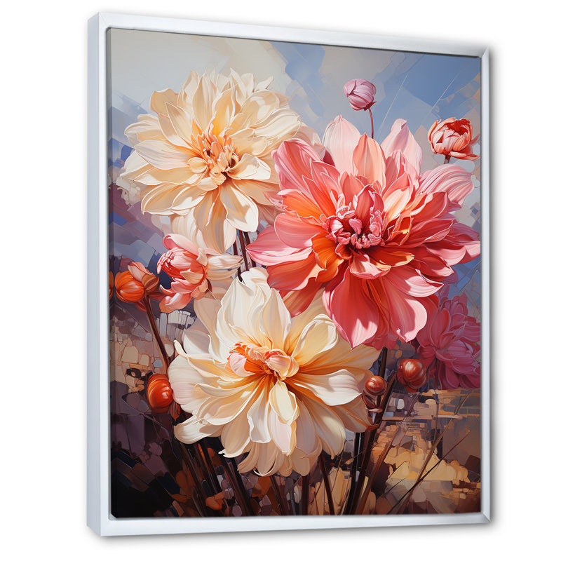 Bouquet de jonquilles roses et blanches sur toile, Cadre flottant blanc, H 32 po x l 24 po x P 1 po