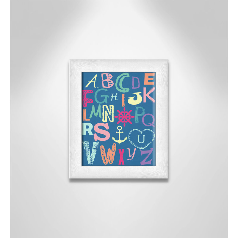 Alphabet imprimé sur papier, H 10 po x l 8 po x P 0,6 po, Encadré plat à grain de bois blanc