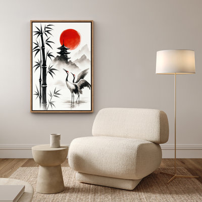 Crane & Bamboo Framed Print Wall Art with Red Sun Print Wall Art