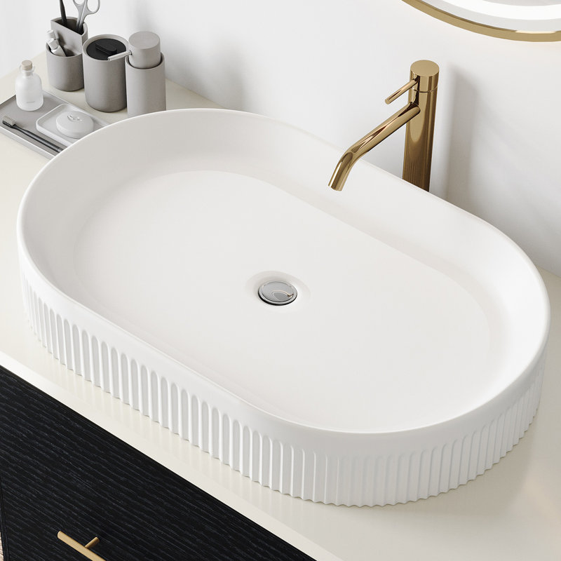 Meuble-lavabo contemporain en céramique blanche de 22,8 po, lavabo vasque ovale, conception à rayures verticales, bonde centrale et bonde escamotable, évier avec plan d'installation Splash avec comptoir inclus